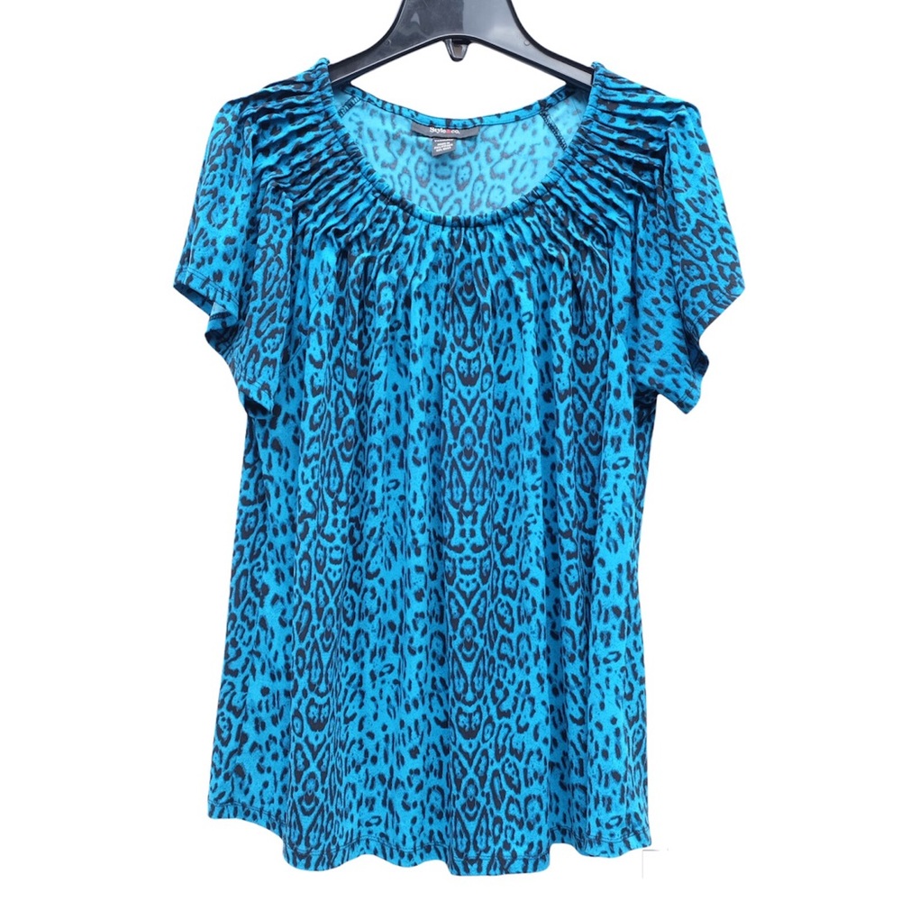 Style & Co. Blue Leopard Print Pleated Neck Short Sleeve Casual Blouse Top EUC L